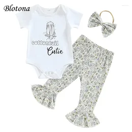 Clothing Sets Blotona Baby Girls Easter Set Short Sleeve Letters Print Romper With Flared Pants And Bowknot Headband 0-24M