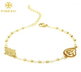 Charm Bracelets FINE4U B228 Stainless Steel Muslim Hamsa Charms Bracelet 3mm Gold Colour Beads Islam Koran Rosary Jewellery For Women7619771