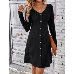 Casual Dresses Long Sleeve Bodycon Female Dress Solid V Neck Single Button Waist Tie Trendy Autumn 2024 Woman Clothing