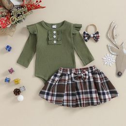 Clothing Sets 0-12M Baby Girls Fall Outfits Born Infant Long Sleeve Romper Plaid Pleated Skirt Headband Toddler Clothes