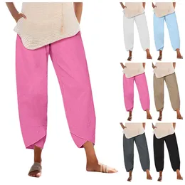 Women's Pants Summer Women Harem Casual Elastic Waist Cropped With Pocket Solid Color Loose Trousers Female Cotton Linen