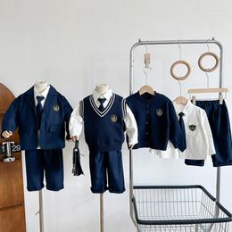 Clothing Sets Formal Suits For Baby Boy School Look Children Blazer Cardigan Knit Vest Shirts Pants Kids Birthday Clothes Outfit