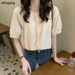 Women's Blouses Shirts Women Short Sleeve O-neck Loose Korean Style Simple Single Breasted Lace Patchwork Straight Sweet Leisure Summer
