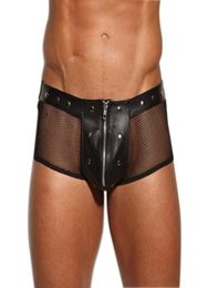 Men Leather Fishnet Patchwork Boxer Shorts Cueca Underwear Male Gay Hollow Out Net Leather Sexy Trunks Boxers Panties Underpants6846278