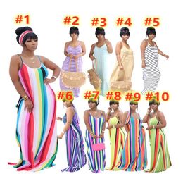 Summer Women Dresses with Scarf Sexy Sundress Striped Maxi Skirts Spaghetti Strap Beach Wear Casual Sleeveless Skirt S2XL 10Color6240853