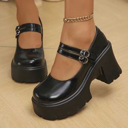 Dress Shoes Double Buckle High Heels Mary Jane for Women Patent Leather Chunky Platform Pumps Woman Black White Lolita Female H240517