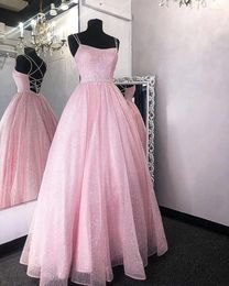 Party Dresses A-Line Scoop Glitter Princess Lace-Up Pink Long Prom Dress Bead Waist Elegant Evening Dres