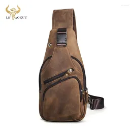 Waist Bags Quality Crazy Horse Leather Retro Triangle Sling Chest Bag For Men 8" Tablet One Shoulder Cross Body Male 8015