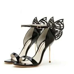Sandals Ladies High Leather Patent Heel with Buckle Solid Hollow Out Butterfly Ornaments Peep-toe 4 Colours Size 012