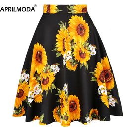 Sunflower Summer Pleated Midi Skirts Womans Saias Faldas 50s 1950s Vintage Women Big Swing Housewife Rockabilly Party Skirt 240510