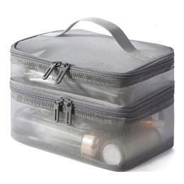 Grey Double Layer Mesh Cosmetic Bag Women Portable Make Up Case Big Capacity Travel Zipper Makeup Organizer Toiletry Storage Box 240511