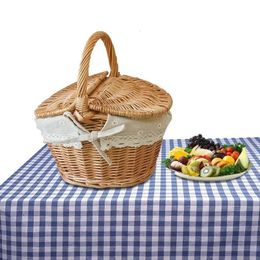 Handmade Large Wicker Basket Handle Picnic Bag Willow Woven Storage Hamper DoubleLid Camping Shopping 240517