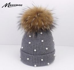 Wool Beanies Women Real Natural Fox Fur Pom Poms Fashion Pearl Knitted Hat Girls Female Beanie Cap Pompom Winter Hats for Women Y29687677