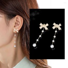 Stud Earrings Long Pearl Bow Spring And Summer Niche High-grade Fringe S925 Silver Needle Explosion