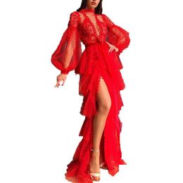 Basic Casual Dresses 2022 Sexy Mesh Long-Sleeved Ball Gown Chinoiserie Red Dress Solid Colour High Waist Banquet Evening Wear Office Dhiu4