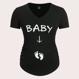 Maternity Tops Tees Pregnant womens footprint letter pattern T-shirt casual base shirt short sleeved top Y240518