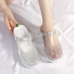 Slippers Summer Luxury Glitter Transparent Shoes For Women Jelly Sandals Cute Clear Hole Women's Flat