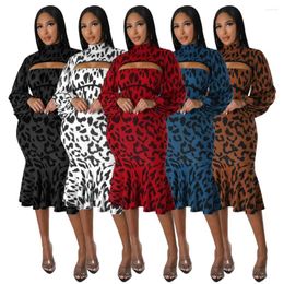 Work Dresses Nightclub Temperament Tube Dress Suit Street Hipster 2024 Fall Slim Fit Lantern Sleeve Flounced Leopard Print Two-Piece