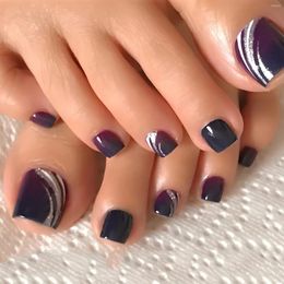 False Nails 24pcs Dark Purple Gradient Toenails For Girl Summer Glitter Stripe French Fake Press On Short Feet Nail Tips