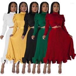 Work Dresses Elegant Fashion Skirt Sets Women Two Piece Outfits 2024 Nightclub Puff Sleeve Top And A-line Pleated Long Skirts Matching