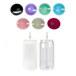 Replaced Colourful Plastic Lids for 16oz Glass Tumbler Suit for 20oz Glass Cans and 12oz 15oz Double Wall Can Glass Jar with Straw Hole 5 Colours NEW 0518