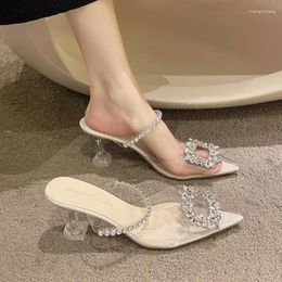Slippers 2024 Summer Pointed High Heel For Women's Outwear Water Diamond Pearl Line With Thin Sandals Zapatos De Mujer