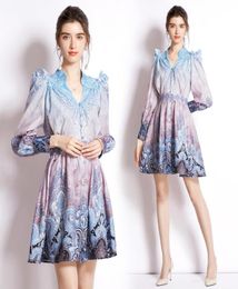 Lantern Sleeve Printed Classic Shirt Dress Woman Designer Spring Autumn Lapel SingleBreasted Slim ALine Dresses 2022 Runway Wome5685466