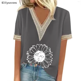 Women's T Shirts Casual Tops Fashion Versatile Shirt Deep V-Neck Lace Retro Short Sleeve Top Sunflower Printed Summer Ropa De Mujer