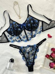 Bras Sets Floral Embroidery Lingerie Set Women Boho Sensual Erotic Sexy 2-Piece Bra Panty Underwear 2024 Lace Costumes