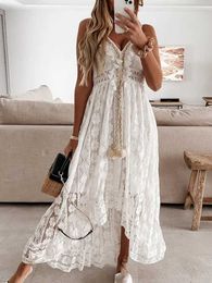 Basic Casual Dresses Womens lace bohemian style long dress solid Colour deep V-neck sleeveless beach suit high waisted A-line summer wild womens SlDress J240516