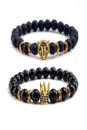 Strand Black Natural Volcanic Stone Bracelets Leopard Head Crown Elastic Rope Frosted Beaded Bangles Fashion Jewelry For Couples H4373072