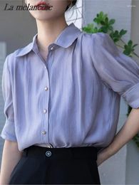 Women's Blouses Chiffon Shirts Women Summer 2024 Fashion Korean Button Up Bubble Sleeve Purple Blouse Office Ladies Casual Loose Chic Tops