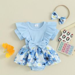 Clothing Sets Baby Girl 2 Piece Outfits Floral Print Short Sleeve Ribbed Romper Dress With Cute Headband Set Summer Clothes