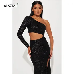 Casual Dresses Dinner Women's Autumn -selling Long-sleeved One-shoulder Sexy Temperament Tight Split Design Shiny Dress