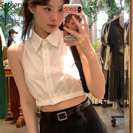 Women's Blouses Shirts Women Casual Sexy Crop Tops Streetwear Female Summer Simple Turn-down Collar Korean Style All-match Sweet