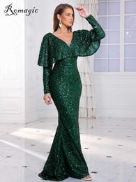 Runway Dresses Romagic Elegant V Neck Formal Party Dress Full Slve With Cape Sequin Modest Evening Gown Sexy Backless Women Dresses 2024 T240518