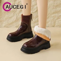 Boots Aucegi Fashion Genuine Leather Round Toe Comfortable Warm Ankle Design Back Thick Heels Zipper Women Winter Footwear