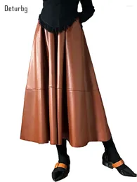 Skirts Women's Washed Leather A-Line Skirt With Pockets Korean Fashion Elastic High Waist Soft PU Midi Long 2024 Spring K206