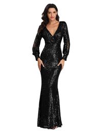 Runway Dresses Ladies Party Evening Dress Long Slve V Neck Sequin Mermaid Group Evening Dress Female Personzed Slve Design Stage Catwalk T240518