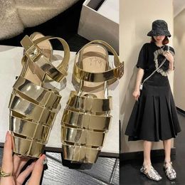 French Sandals Summer Braided Roman Style Sier Low-heeled Hollow Toe Buckle Women's TideSandals 9d4e Tide
