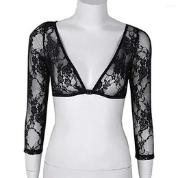 Women's Knits Summer Women Lace Floral Embroidery Blouses Shirt Ladies Tops Sexy Mesh Transparent Elegant See-through Black