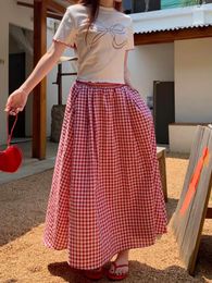 Skirts Qiukichonson Red Plaid Midi Long Skirt Womens Maxi Summer 2024 Mori Girl Style Pockets Deisgn High Waisted A-Line