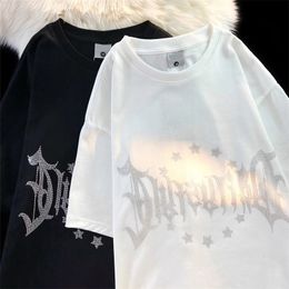 Europe and the United States high street rhinestones letters stars short-sleeved T-shirts men and women loose street brand oversize couple tops