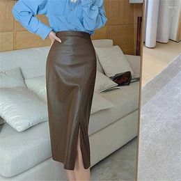 Skirts Streetwear Pu Faux Leather For Women High Wasit Coffee Luxury Elegant Office Midi Skirt With Slit Side Sexy Hip Party