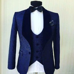 Popular Navy Blue Jacquard Men Wedding Tuxedos Shawl Lapel Groom Tuxedos Men Dinner Darty Dress 3 Piece SuitJacket Pants Vest 2223