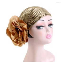 Ethnic Clothing Gold Headscarf Hat Retro Shiny Chemo Cap Women Muslim Hijab Pleated Bonnet Beanies Flower Hair Loss Head Wrap Turbante Mujer