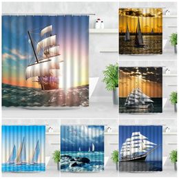 Shower Curtains Modern Simplicity Waterproof Fabric Sunset Sailing Boat Reef Bird Ocean Scenery 3D Print Bathroom Decor Curtain