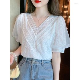 Women's Polos Blusas Summer Tops Women Short Sleeve White Lace Blouse Mujer De Moda 2024 Blouses Femme E763