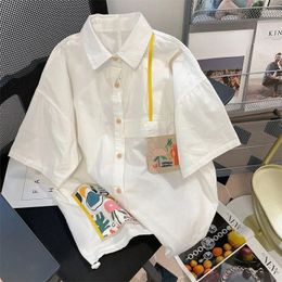 Women's Blouses DAYIFUN-French Short Sleeve Shirts For Women Vintage Unique Flower Embroidered Splicing Design Loose BF Tops Summer