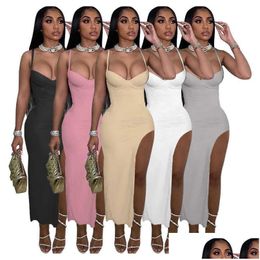 Basic Casual Dresses Women Fashion Maxi Dress Solid Colour Strappy Sexy Halter Sleeveless Slit Ladies Long Drop Delivery Apparel Wom Dhrye